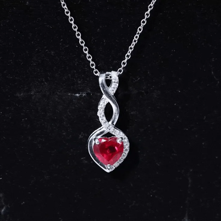 Infinity and Heart Silver Pendant Necklace with Created Ruby and Moissanite