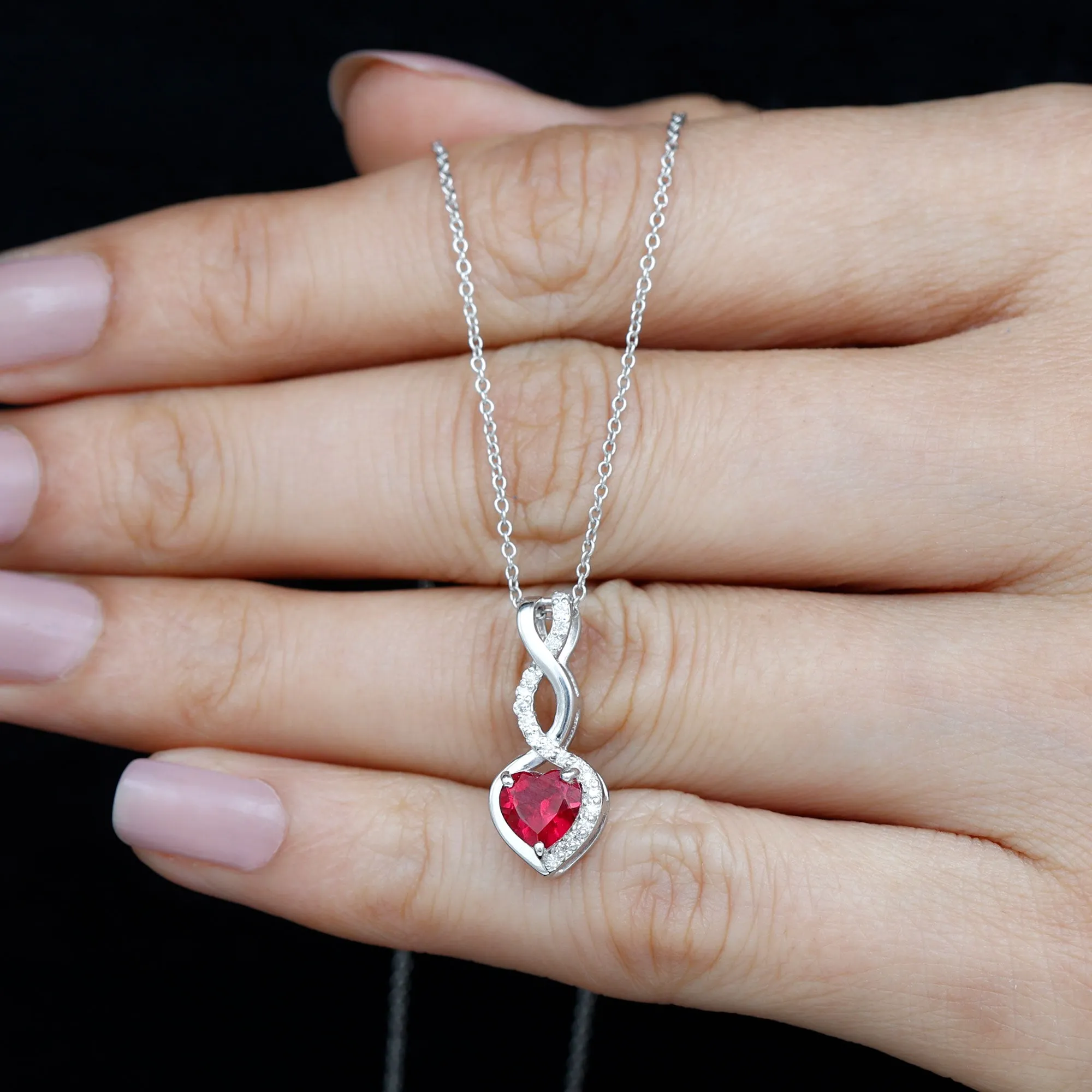 Infinity and Heart Silver Pendant Necklace with Created Ruby and Moissanite