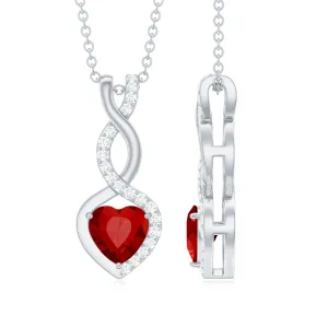 Infinity and Heart Silver Pendant Necklace with Created Ruby and Moissanite
