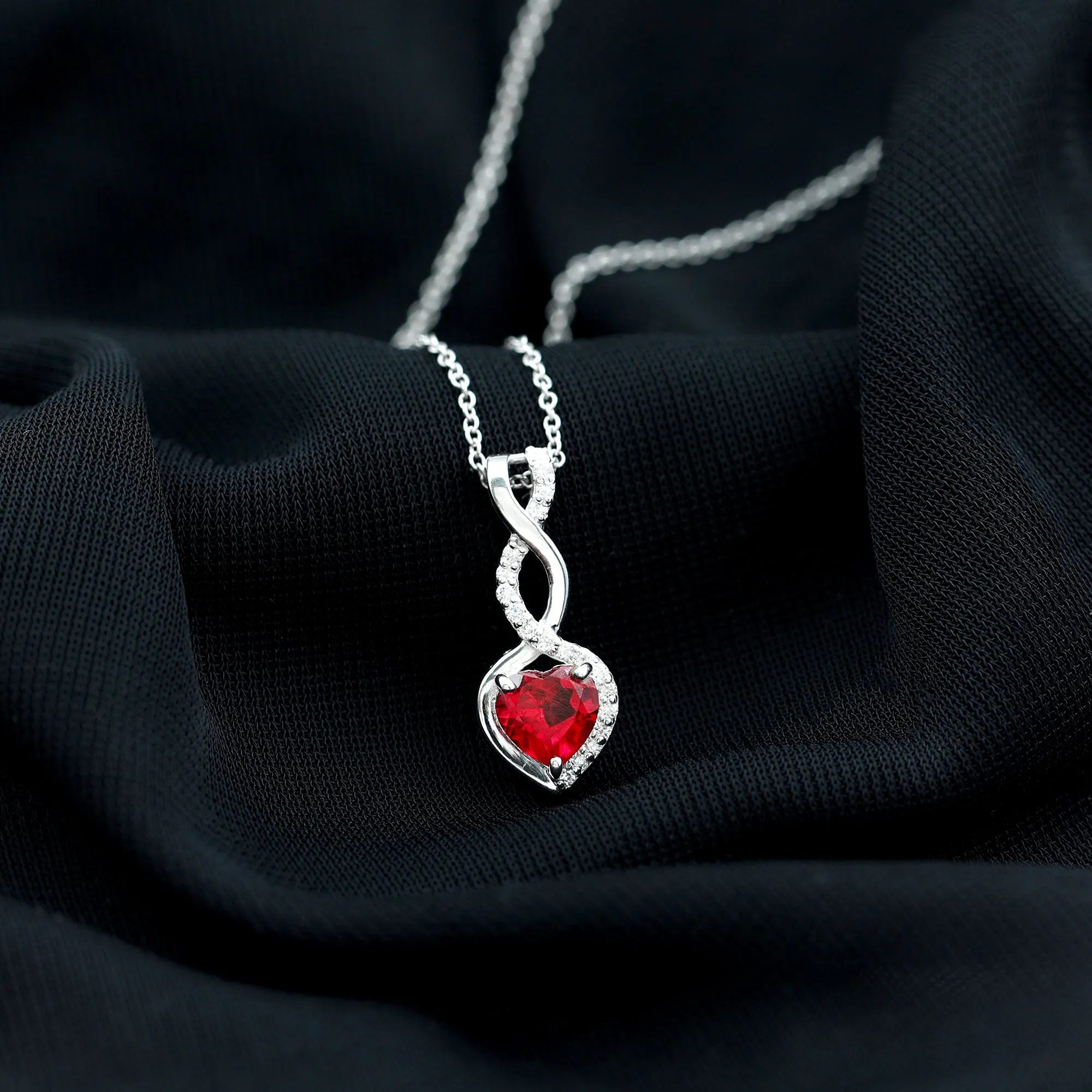 Infinity and Heart Silver Pendant Necklace with Created Ruby and Moissanite