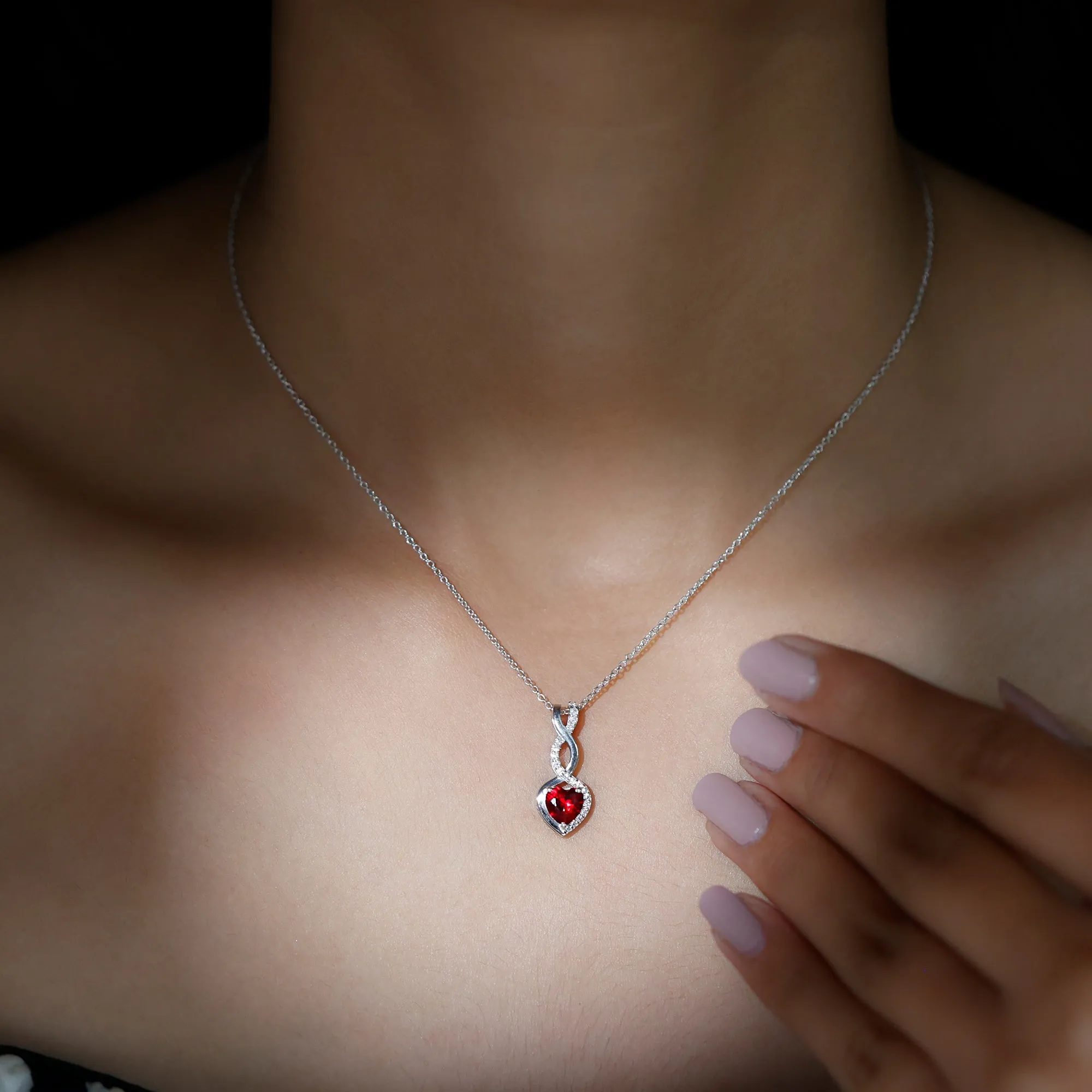 Infinity and Heart Silver Pendant Necklace with Created Ruby and Moissanite