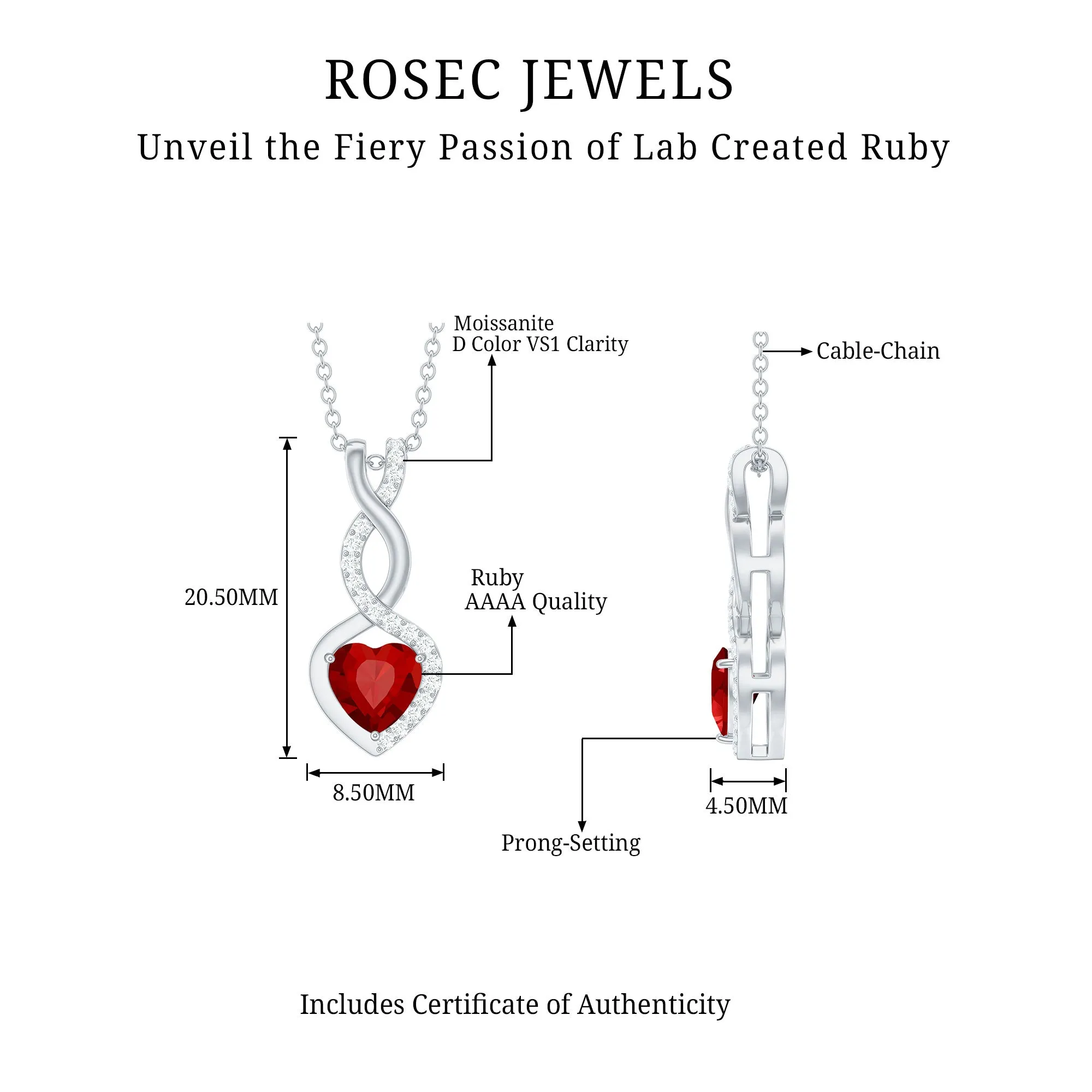 Infinity and Heart Silver Pendant Necklace with Created Ruby and Moissanite