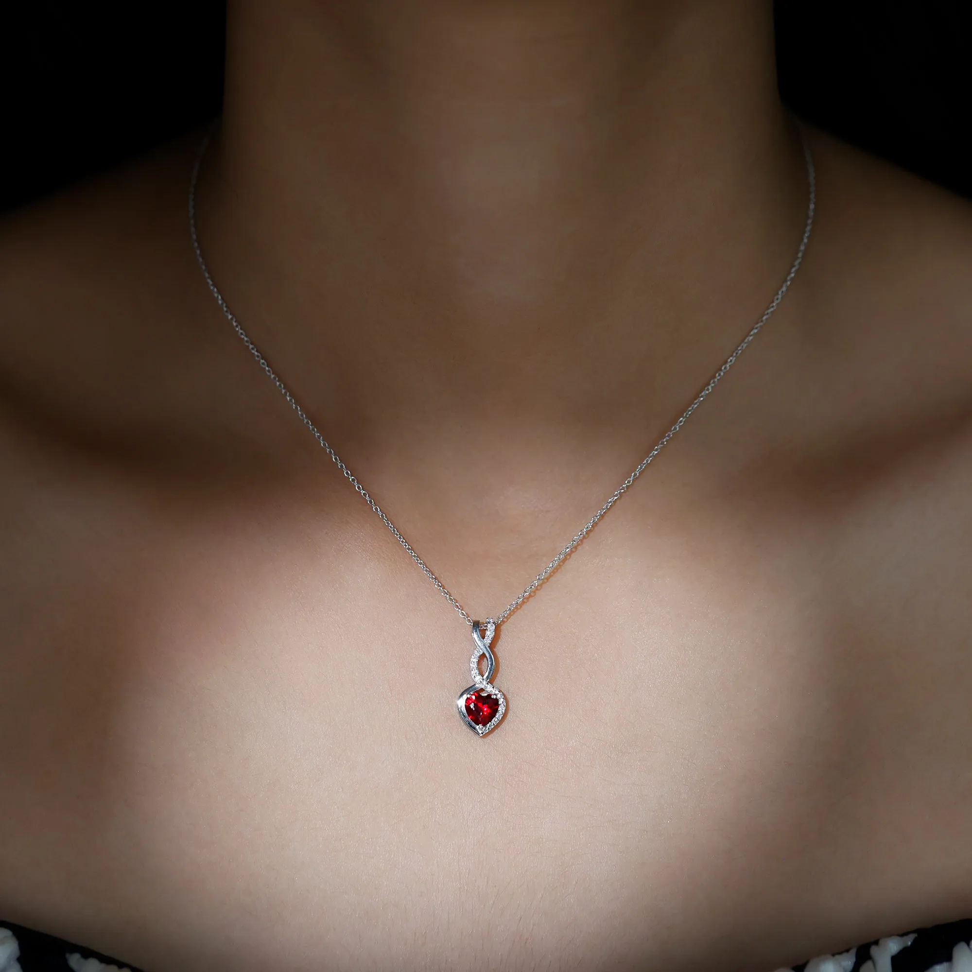 Infinity and Heart Silver Pendant Necklace with Created Ruby and Moissanite