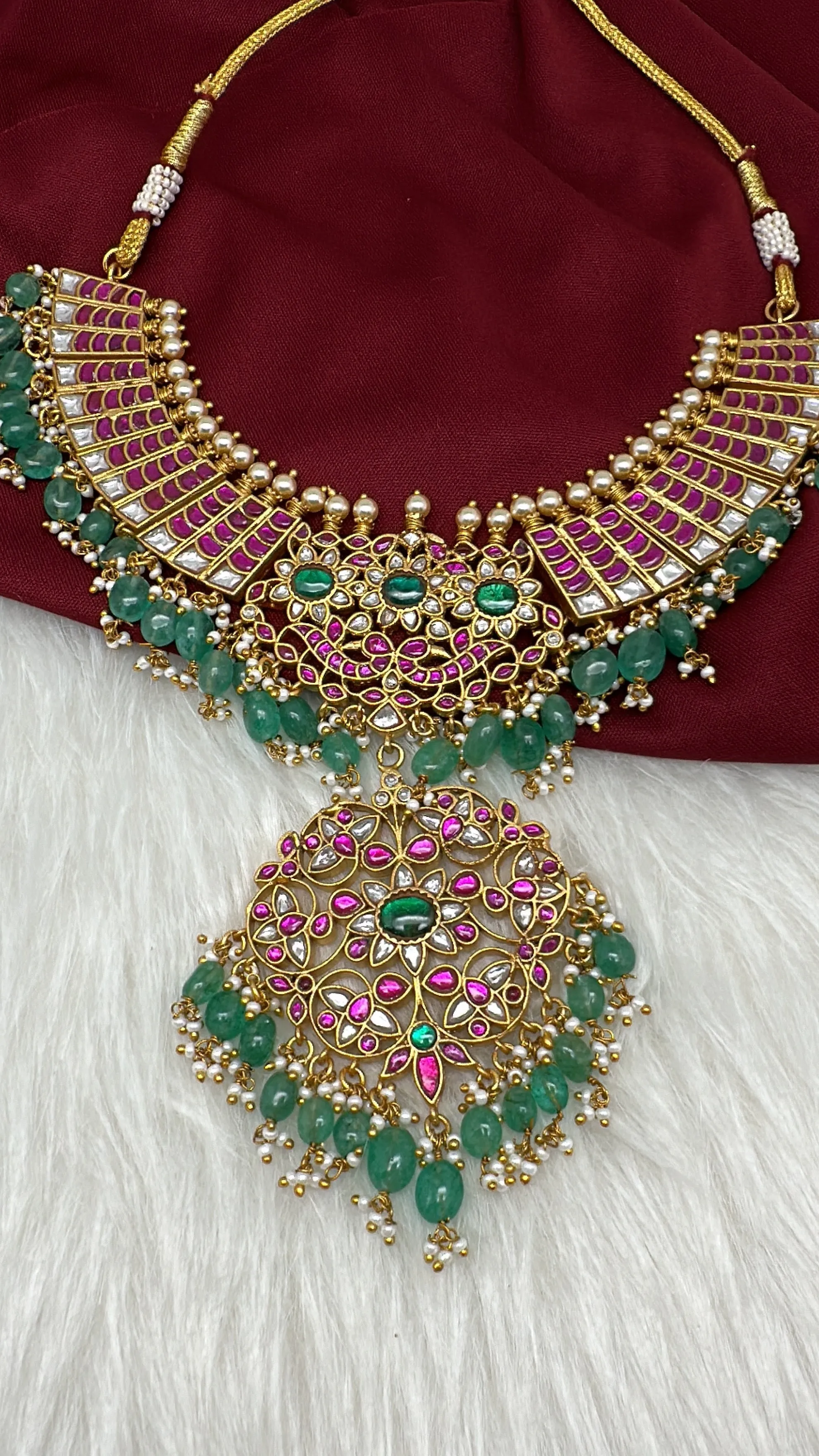 Jadau Kundan Neckline Necklace with Green Emerald Beads