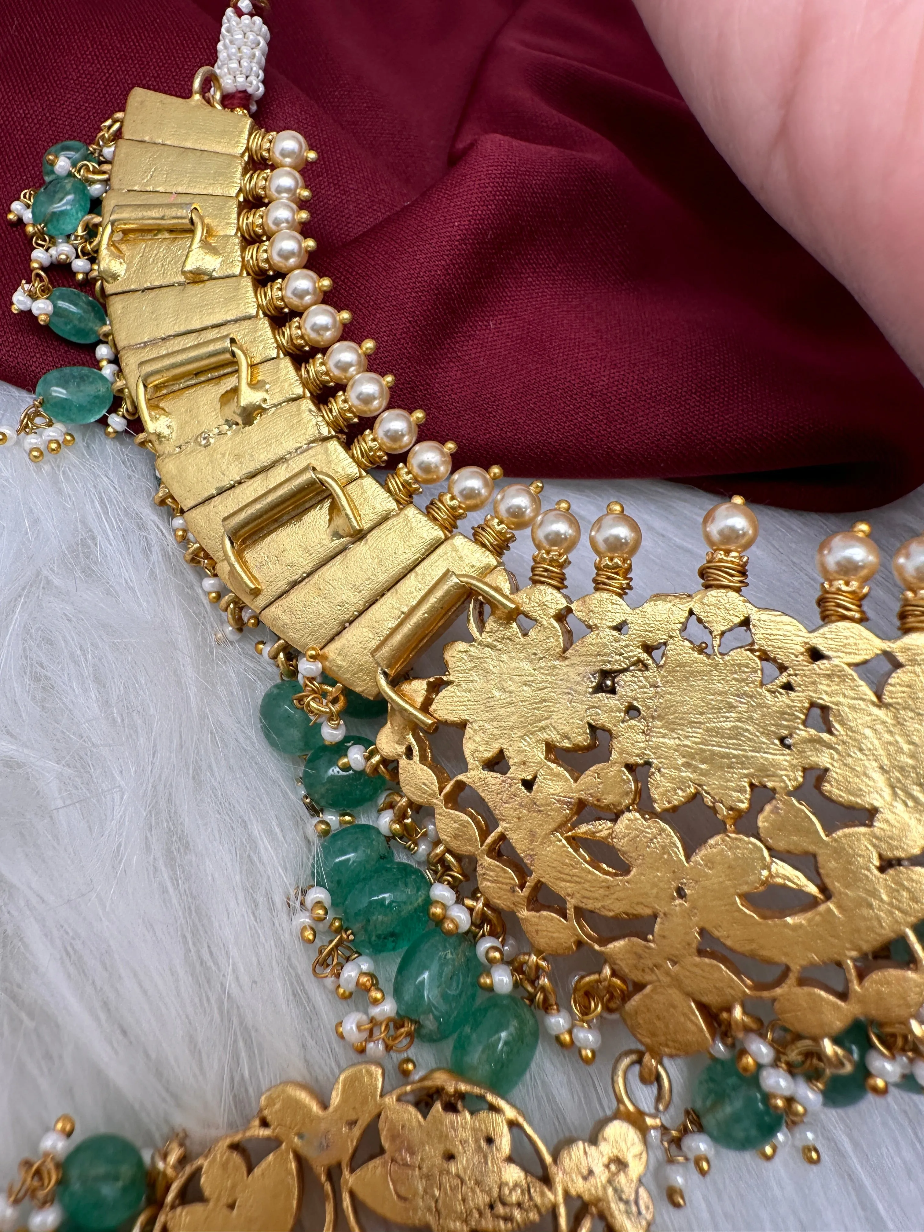Jadau Kundan Neckline Necklace with Green Emerald Beads
