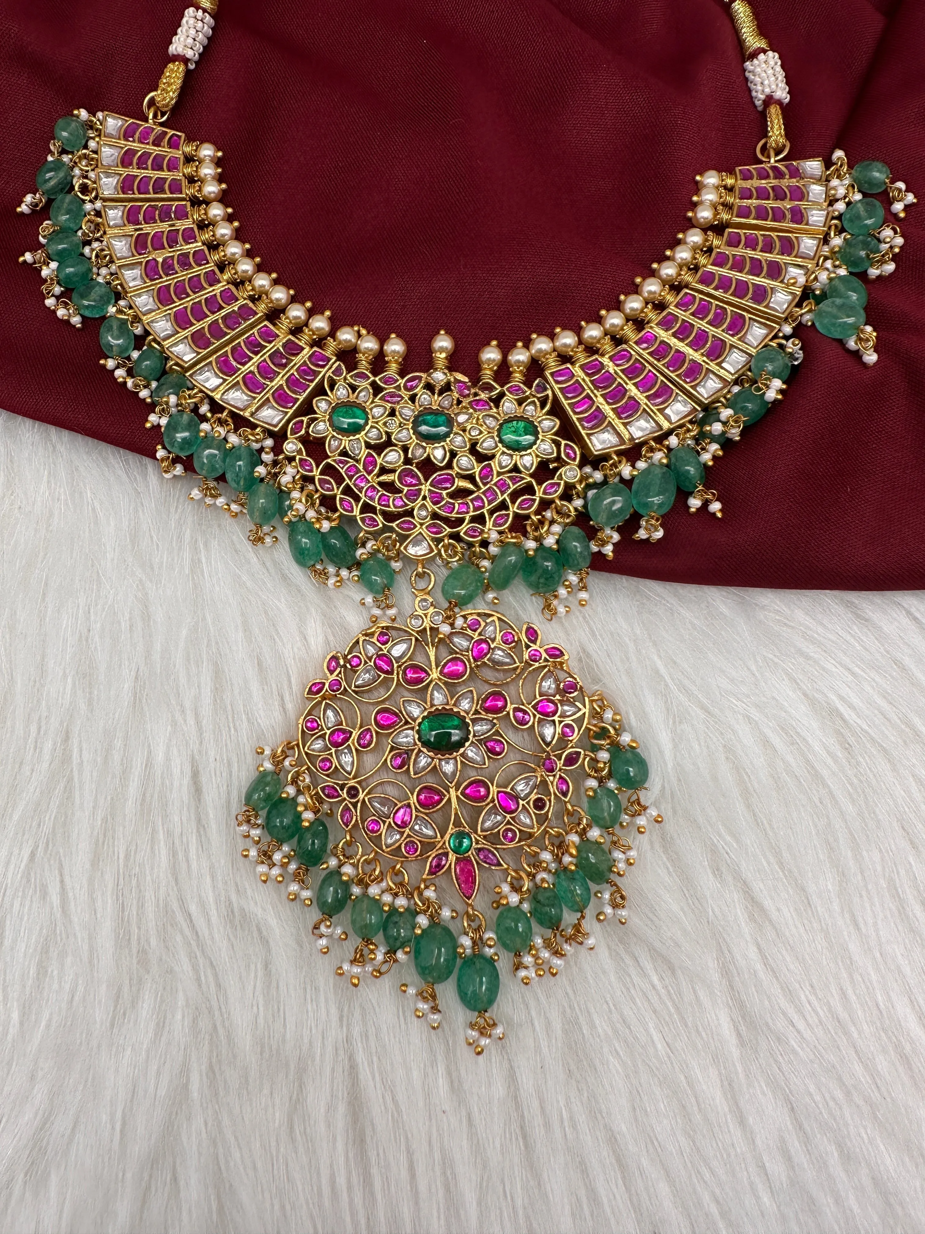 Jadau Kundan Neckline Necklace with Green Emerald Beads