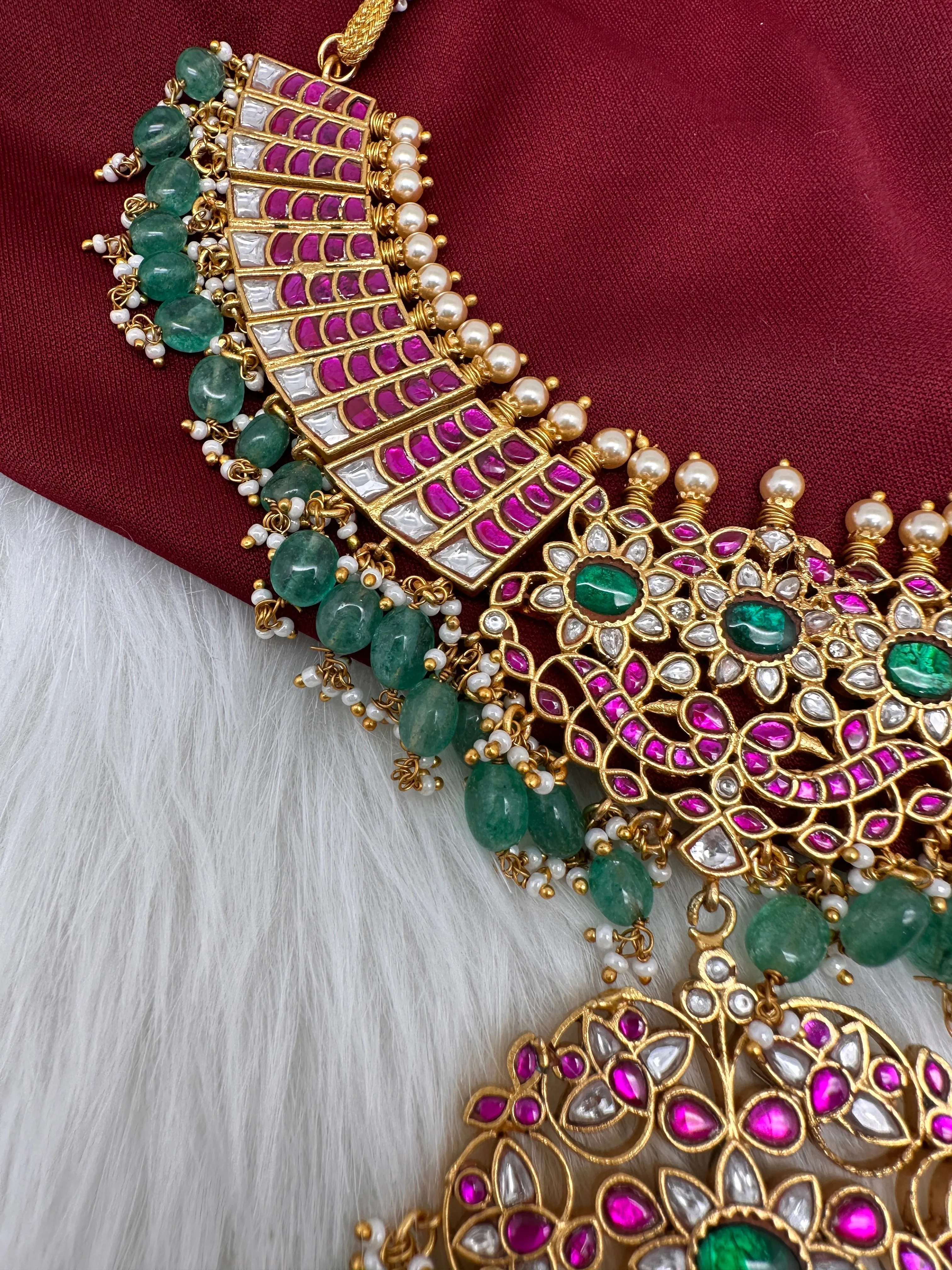 Jadau Kundan Neckline Necklace with Green Emerald Beads