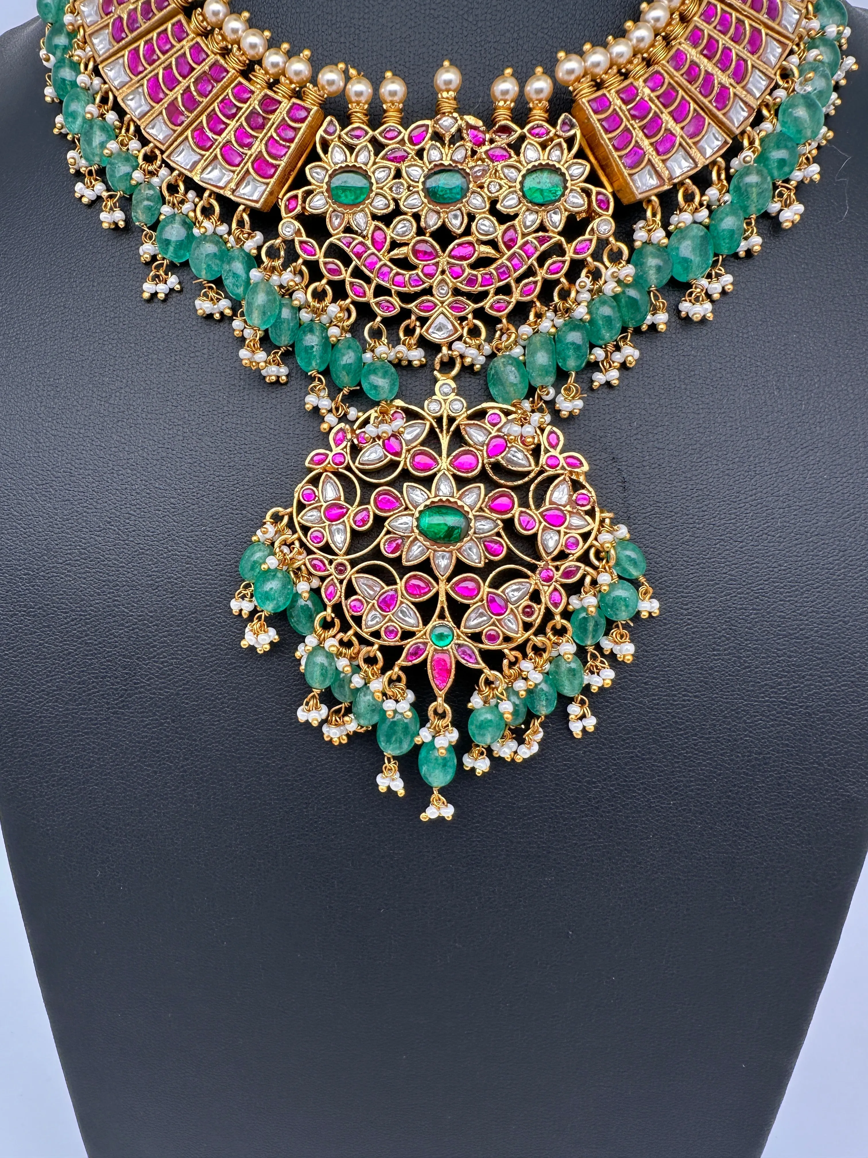 Jadau Kundan Neckline Necklace with Green Emerald Beads