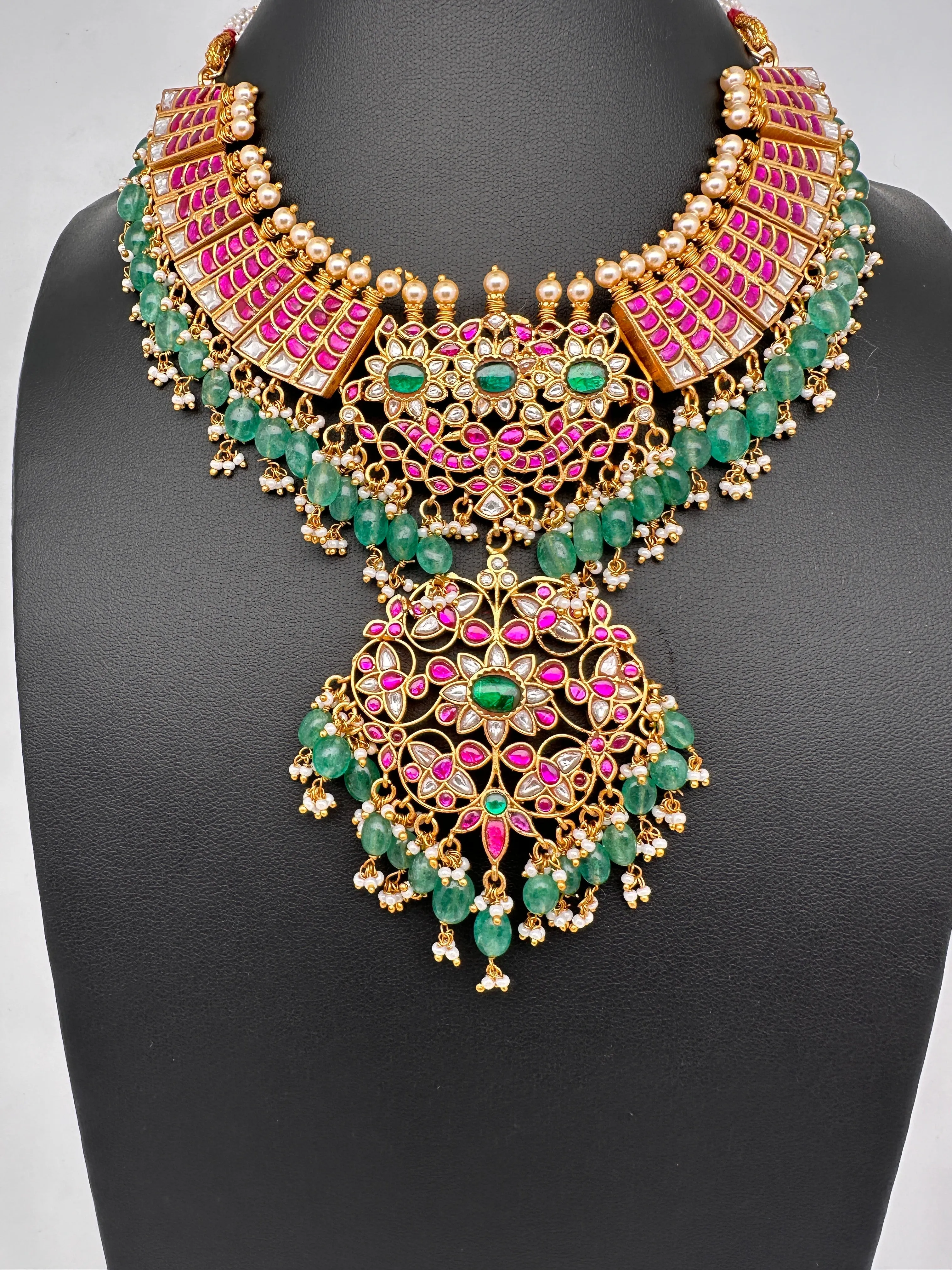 Jadau Kundan Neckline Necklace with Green Emerald Beads