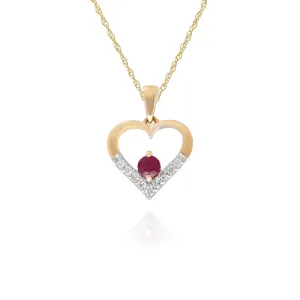 Klassischer Rubin & Diamant Herzförmiger Anhänger in 9ct Gelb Gold