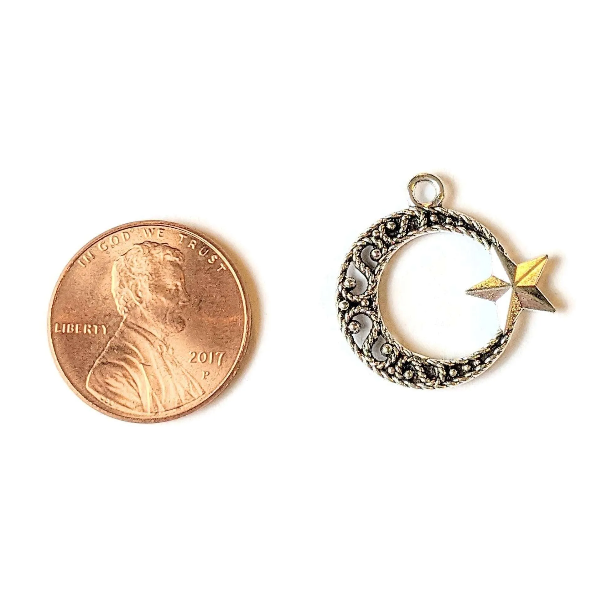 Large Silver Filigree Crescent Moon & Star Charm Pendant