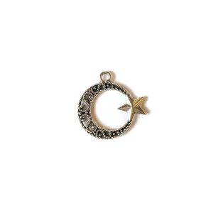 Large Silver Filigree Crescent Moon & Star Charm Pendant