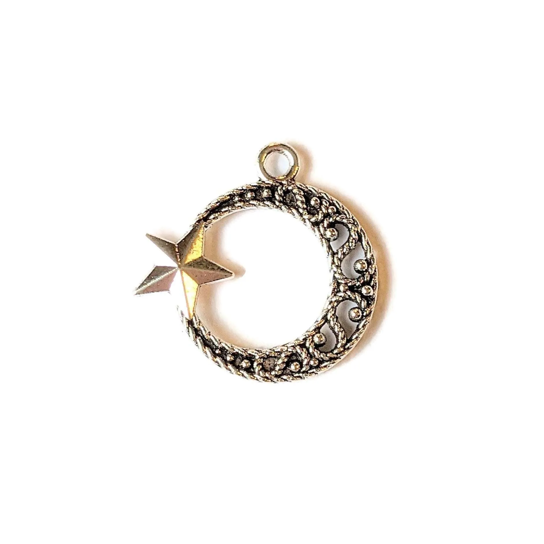 Large Silver Filigree Crescent Moon & Star Charm Pendant