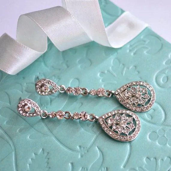 Long Art Deco Bridal Earrings. Vintage Inspired Art Nouveau Crystal Drop Wedding Earring. Rhinestone Chandelier Teardrop Earrings.