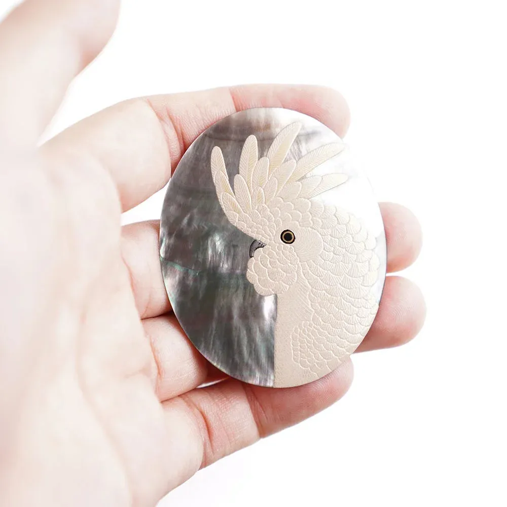 Maki-e Urushi Lacquer Brooch - Black Lip Oyster Pearl Shell / Cockatoo -, Traditional Japanese Urushi Lacquer Jewelry