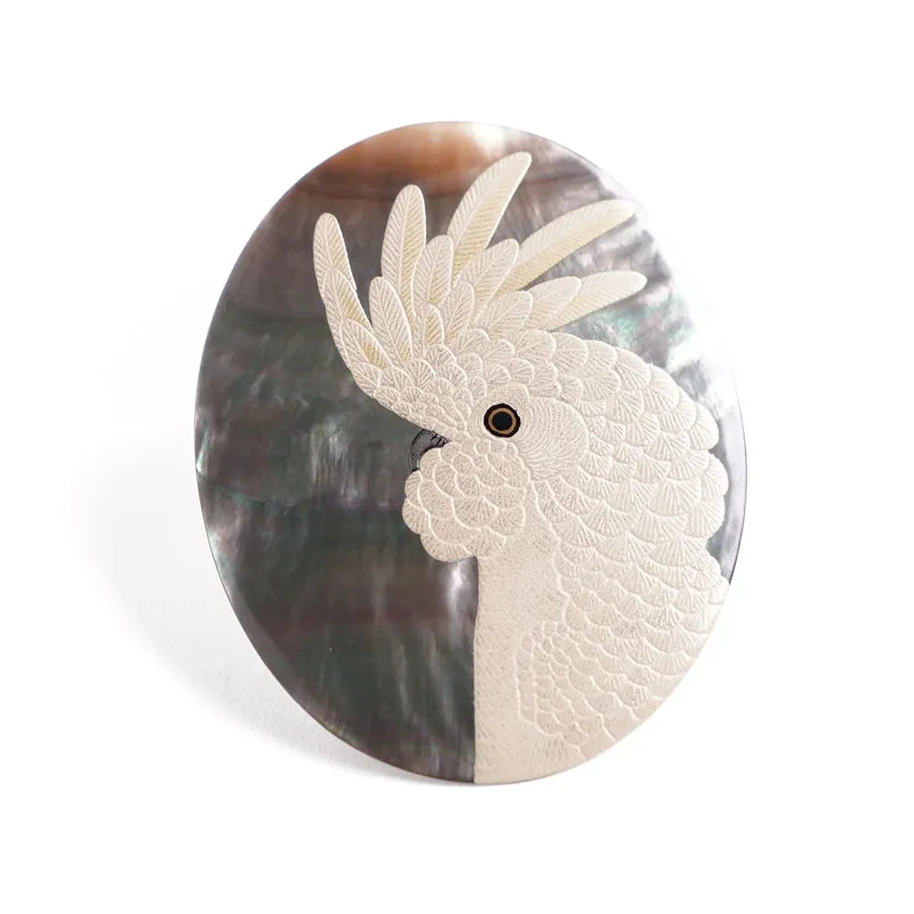 Maki-e Urushi Lacquer Brooch - Black Lip Oyster Pearl Shell / Cockatoo -, Traditional Japanese Urushi Lacquer Jewelry