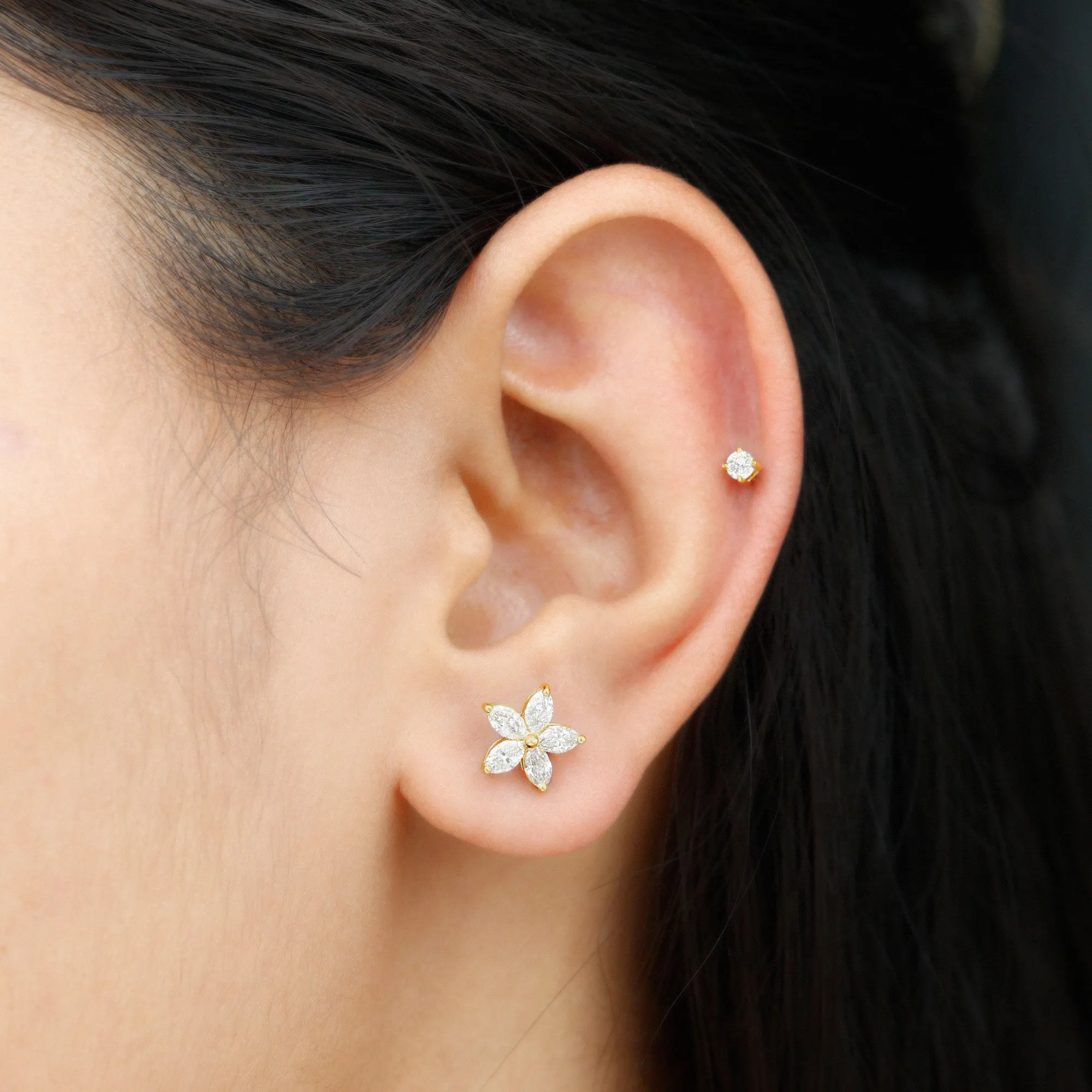 Marquise Moissanite Flower Cartilage Earring Set