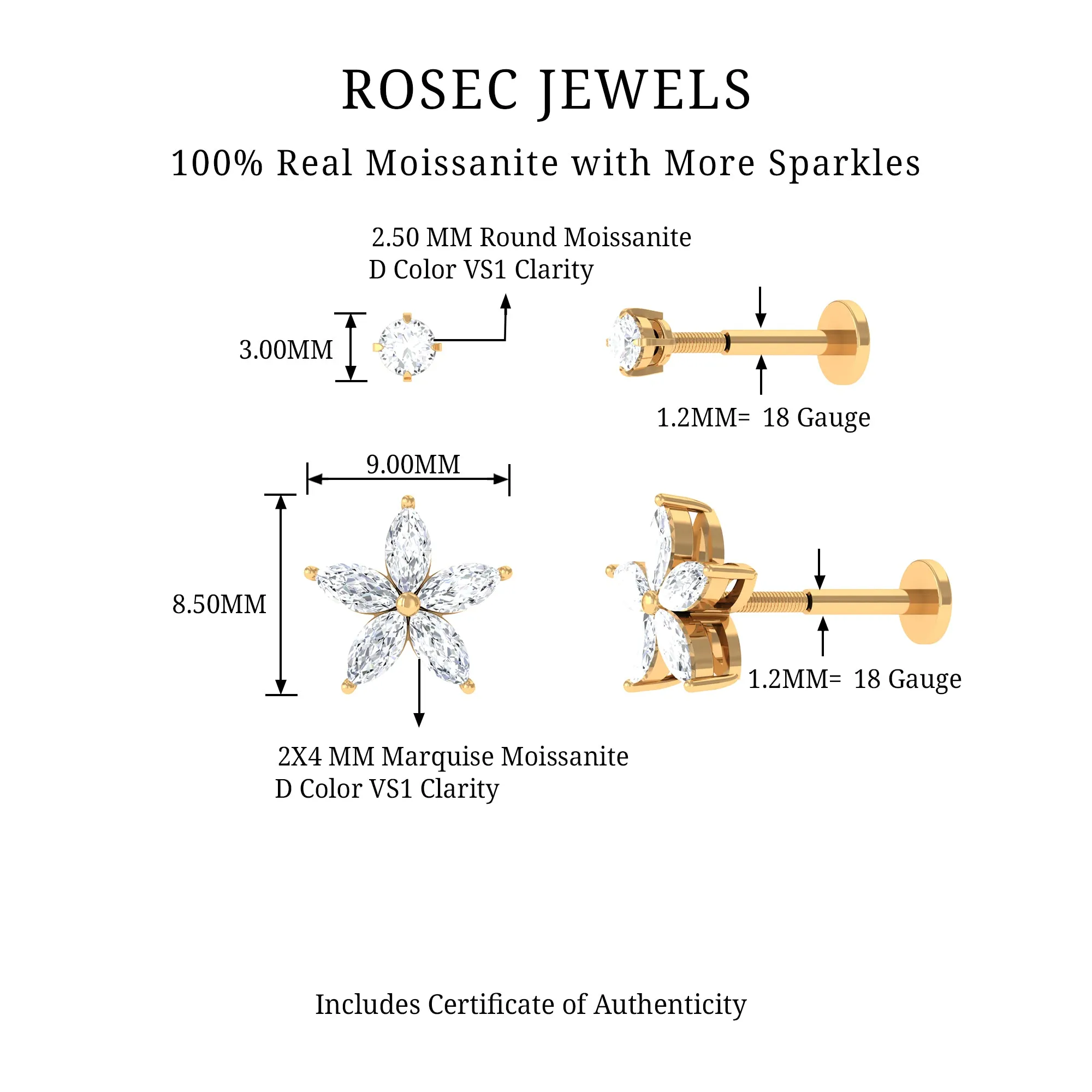 Marquise Moissanite Flower Cartilage Earring Set