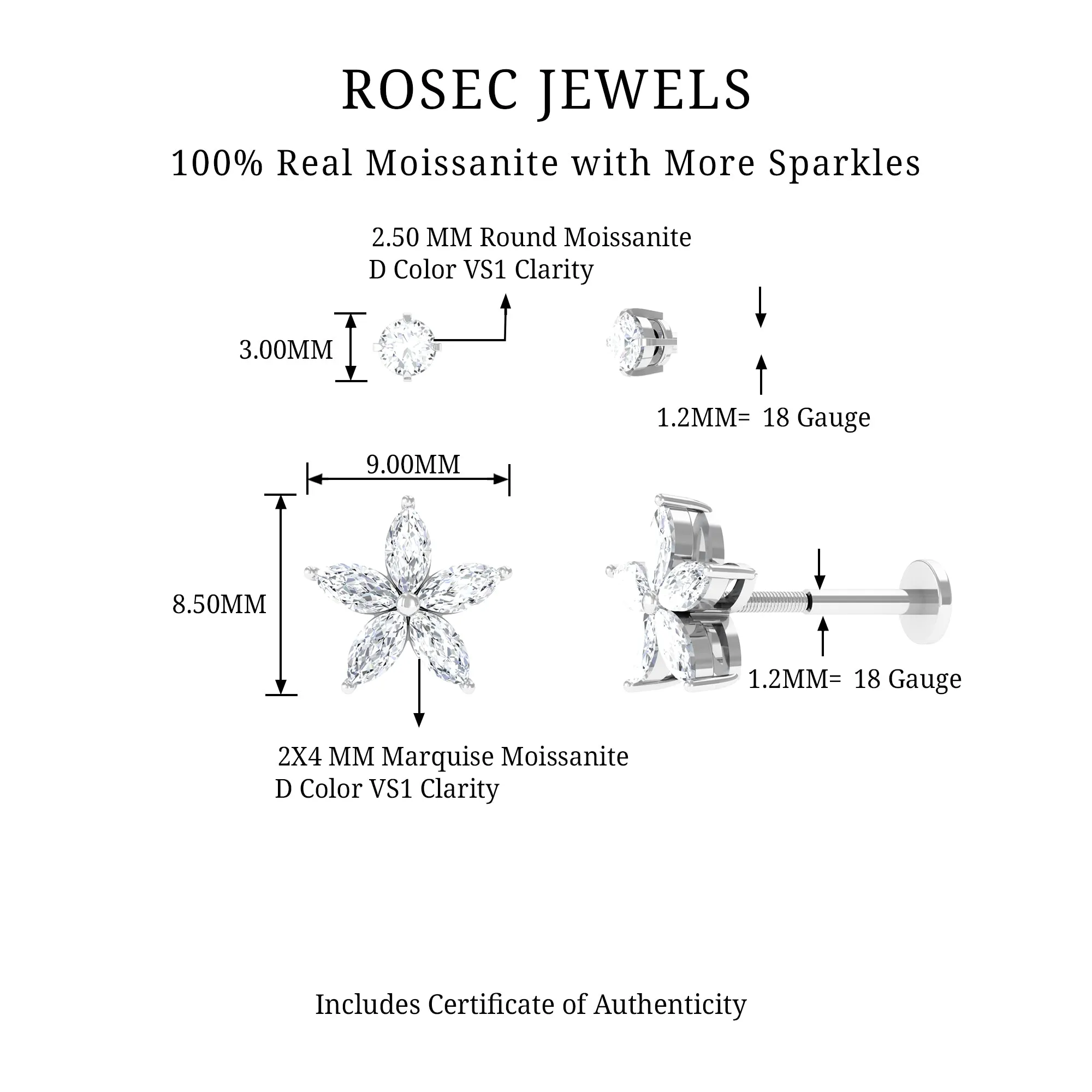 Marquise Moissanite Flower Cartilage Earring Set