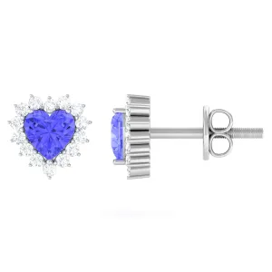 Minimal Heart Shape Tanzanite Halo Stud Earrings with Diamond