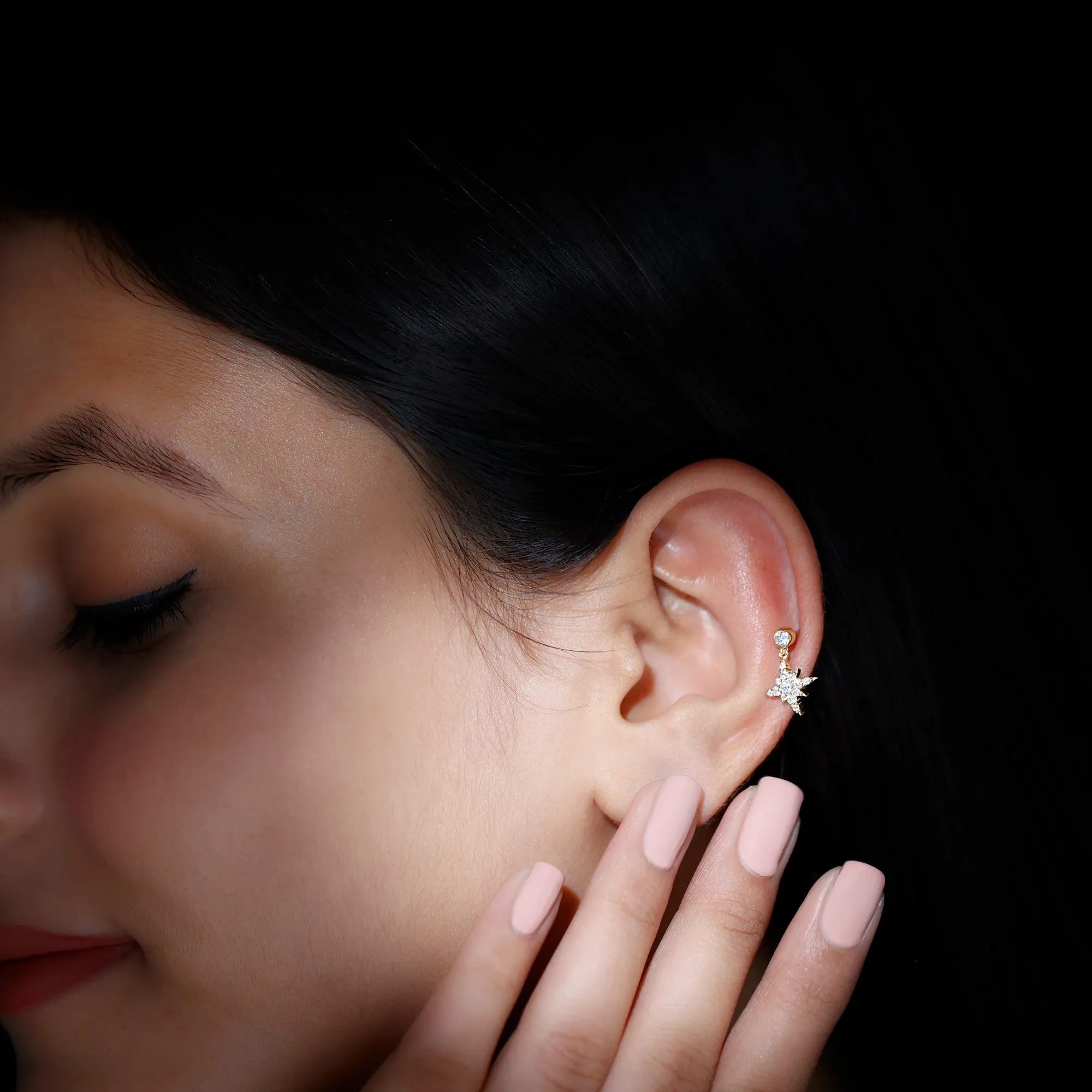 Moissanite Starburst Drop Earring for Cartilage Piercing