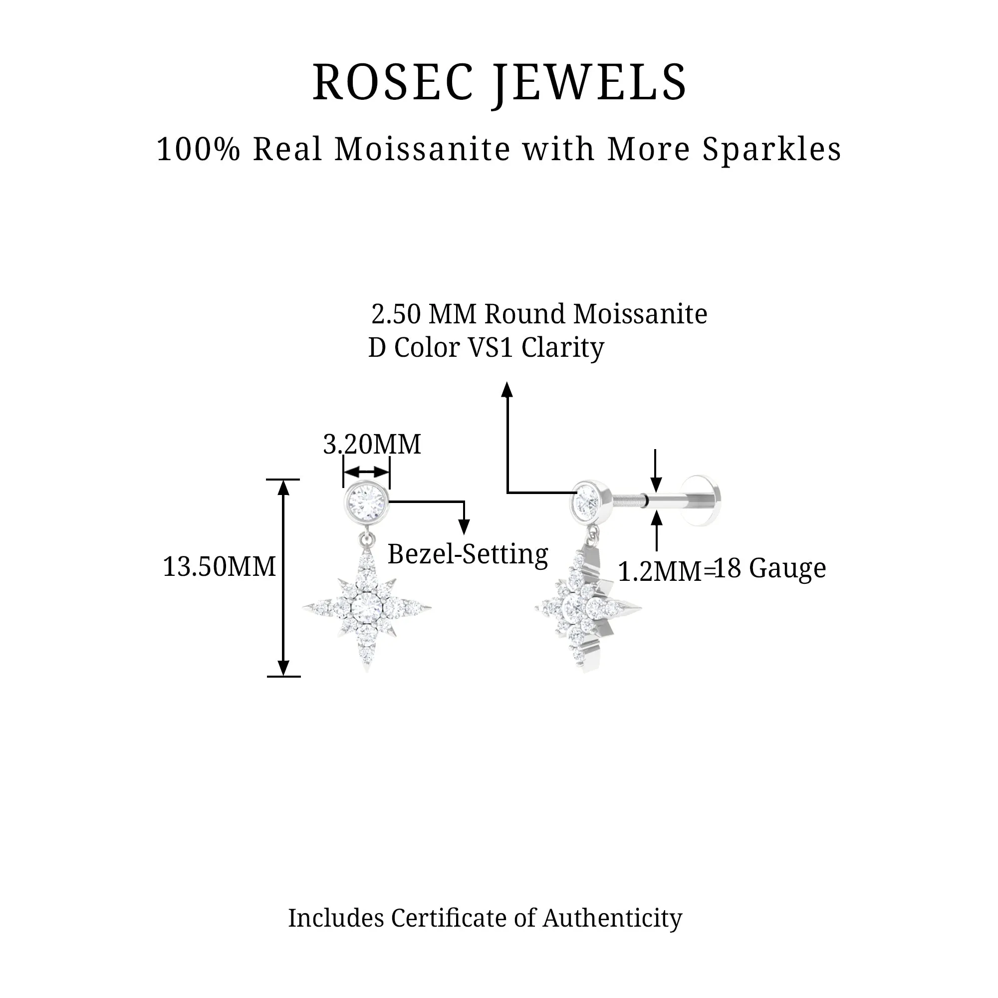 Moissanite Starburst Drop Earring for Cartilage Piercing