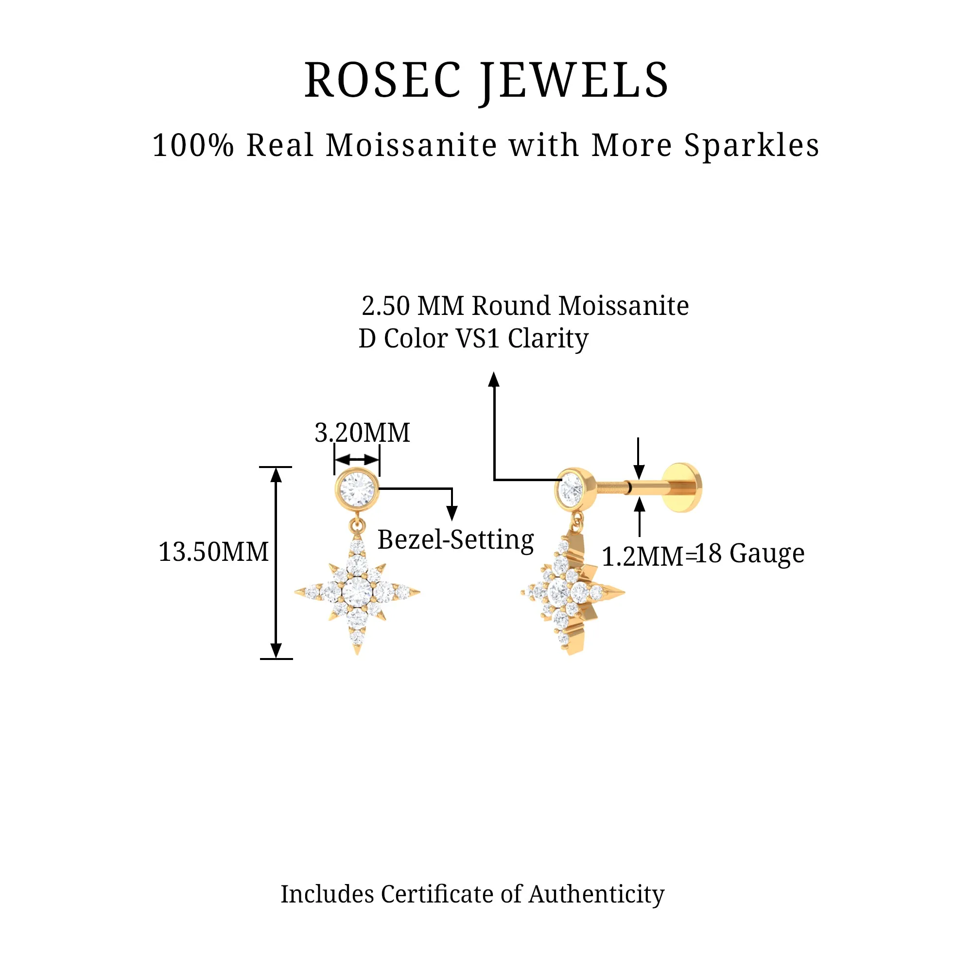 Moissanite Starburst Drop Earring for Cartilage Piercing