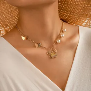 N124 Gold Yellow Enamel Butterfly with Pearls Necklace with FREE Earrings