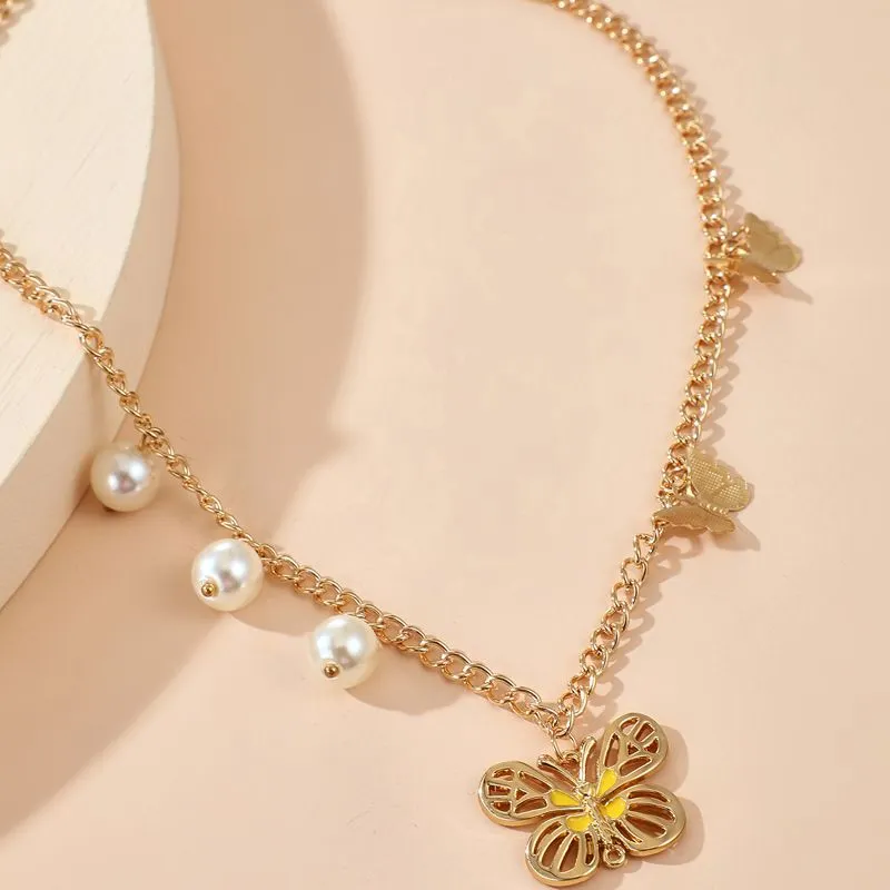 N124 Gold Yellow Enamel Butterfly with Pearls Necklace with FREE Earrings