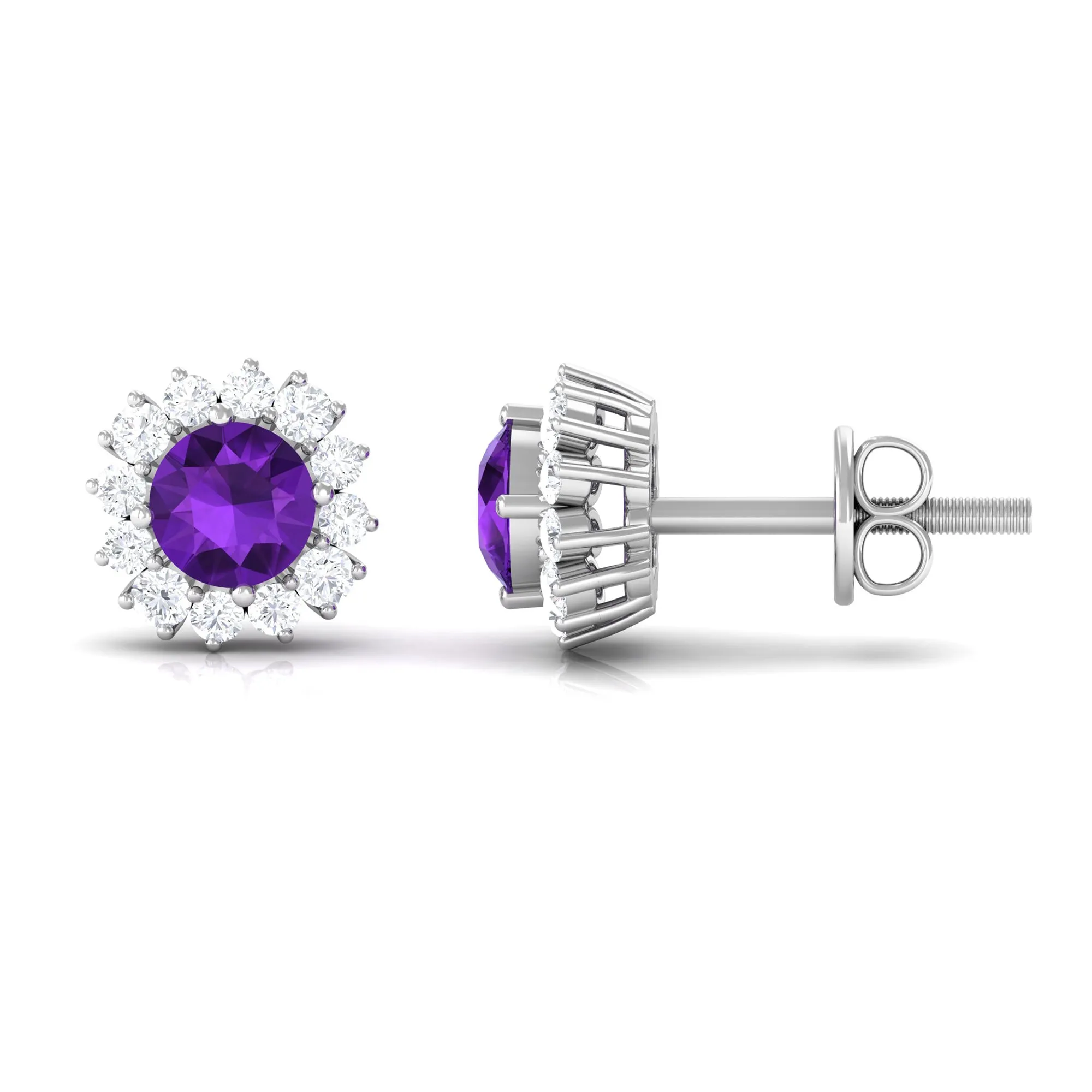 Natural Amethyst Classic Halo Stud Earring with Diamond