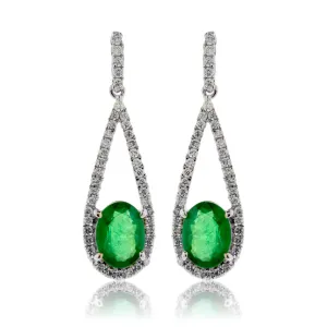 Oval Emerald and Diamond Tear Drop Dangle Earrings