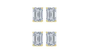 Paris jewelry 14k Yellow Gold 4mm 2Ct Emerald Cut White Sapphire Set Of Two Stud Earrings Plated