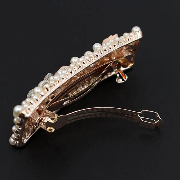 Peal & Rhinestone Floral Butterfly Rectangle Hair Barrette