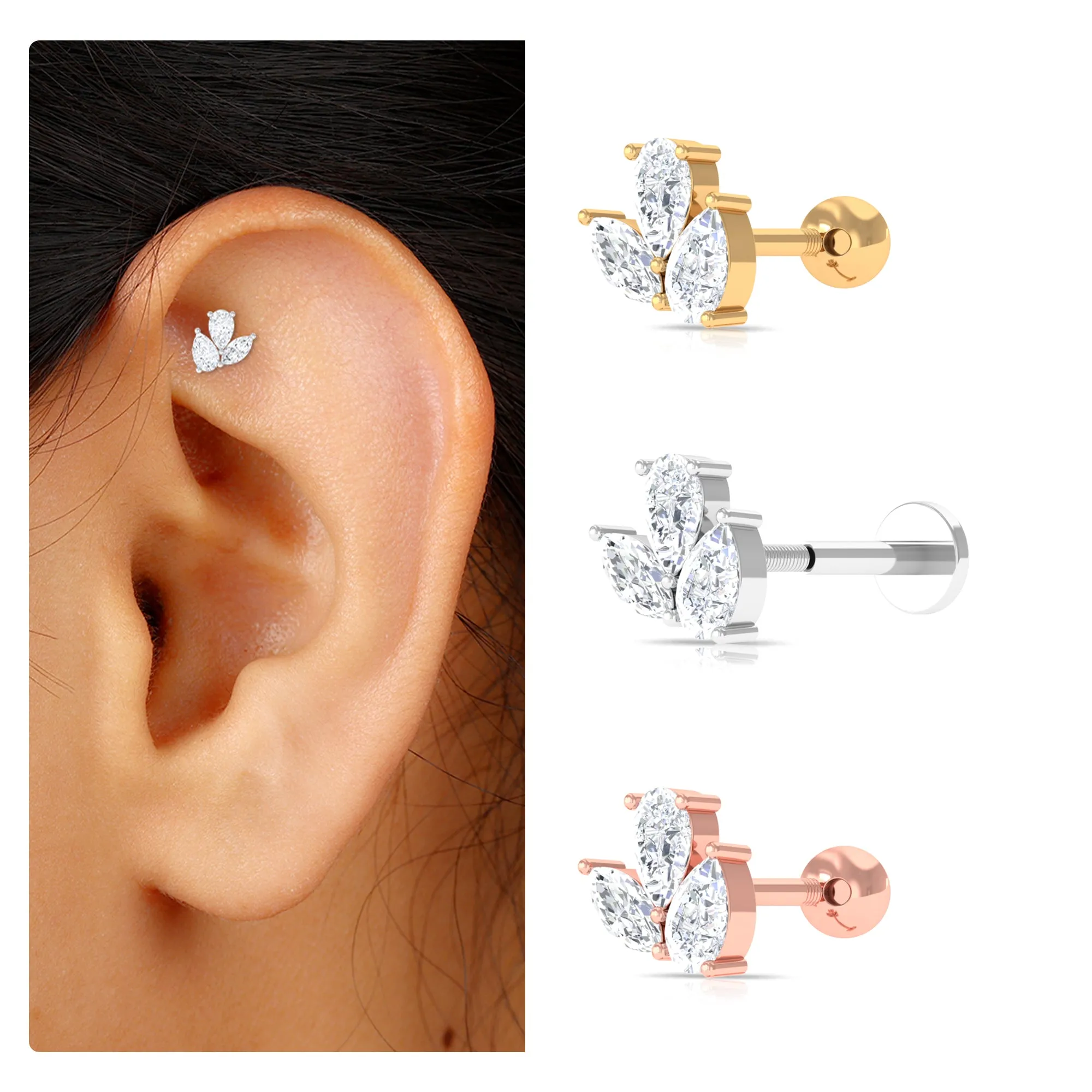 Pear and Marquise Cut Moissanite Cluster Cartilage Earring