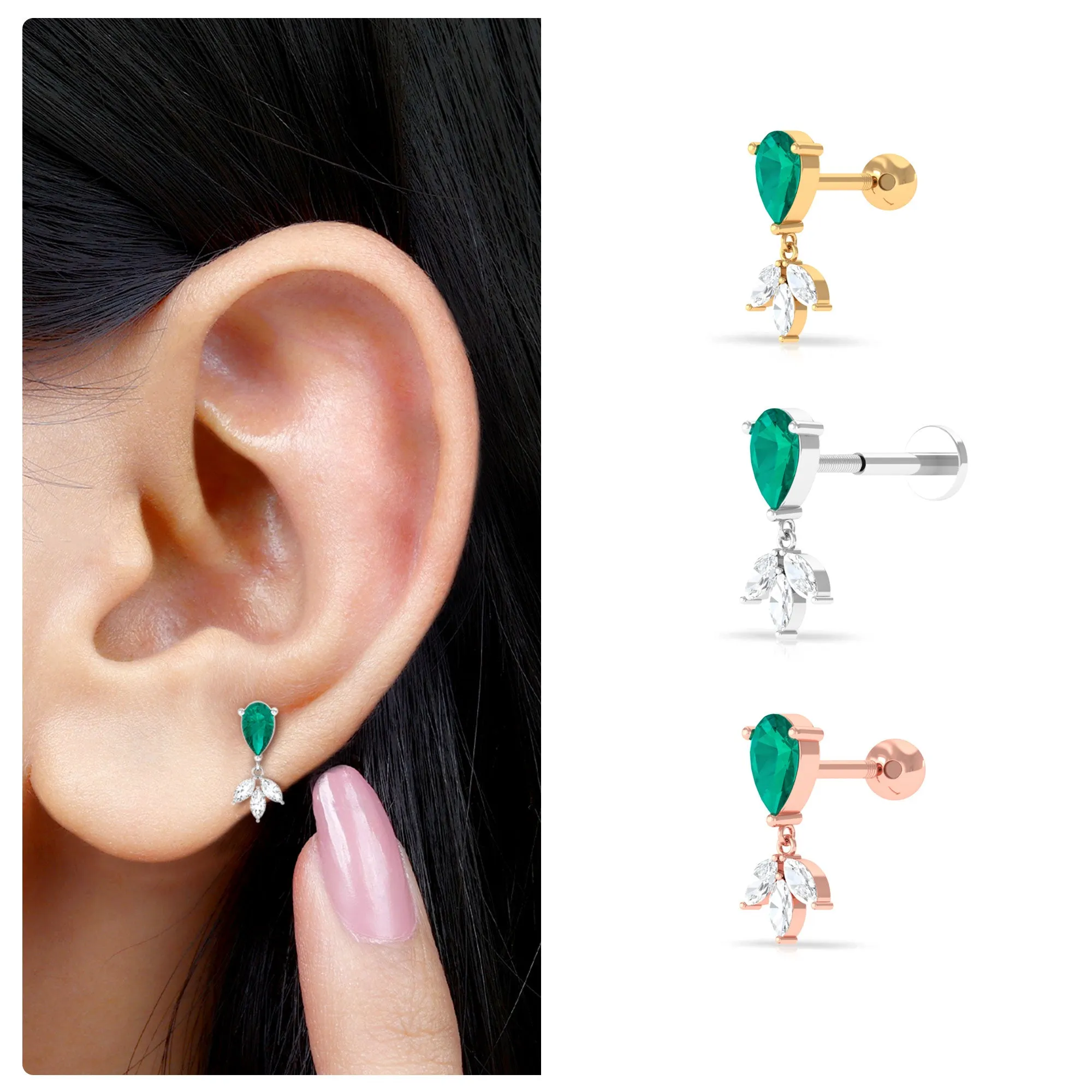 Pear Cut Emerald and Moissanite Dangle Earring