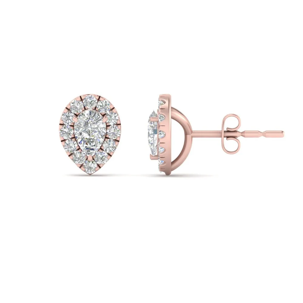 Pear Cut Halo Stud Lab Diamond Earring For Women In 14K Gold