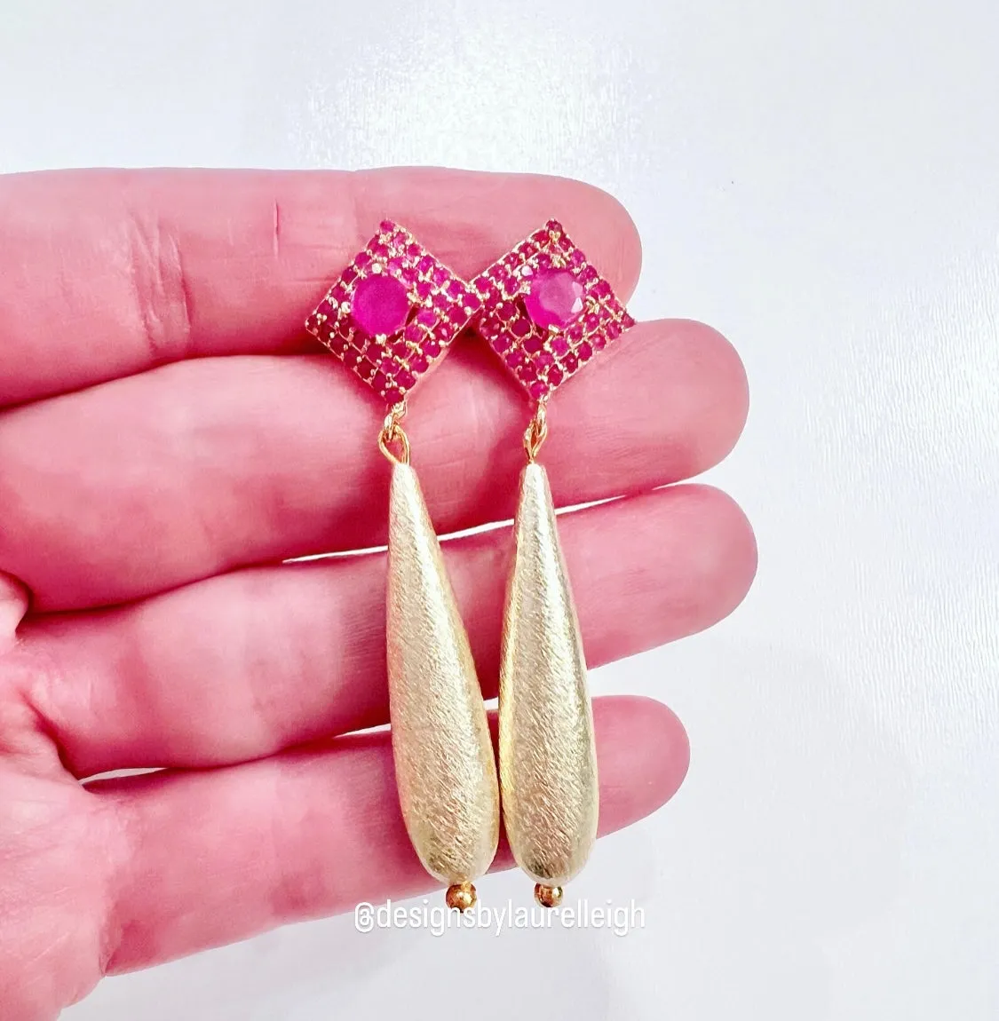 Pink Gemstone Gold Teardrop Earrings