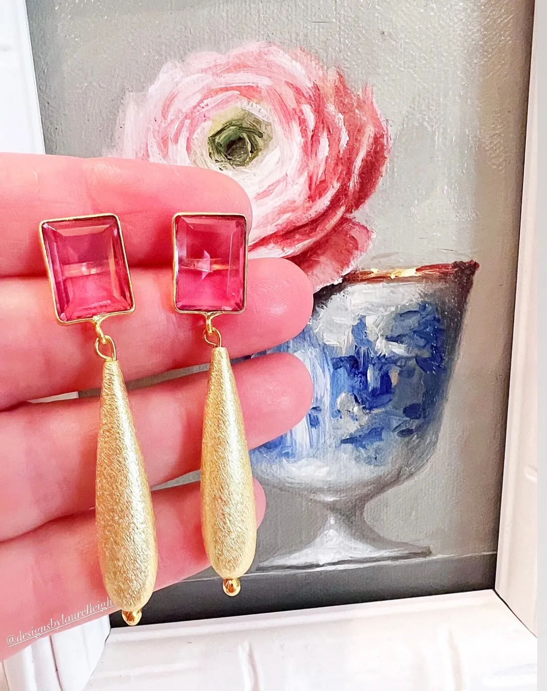 Pink Gemstone Gold Teardrop Earrings