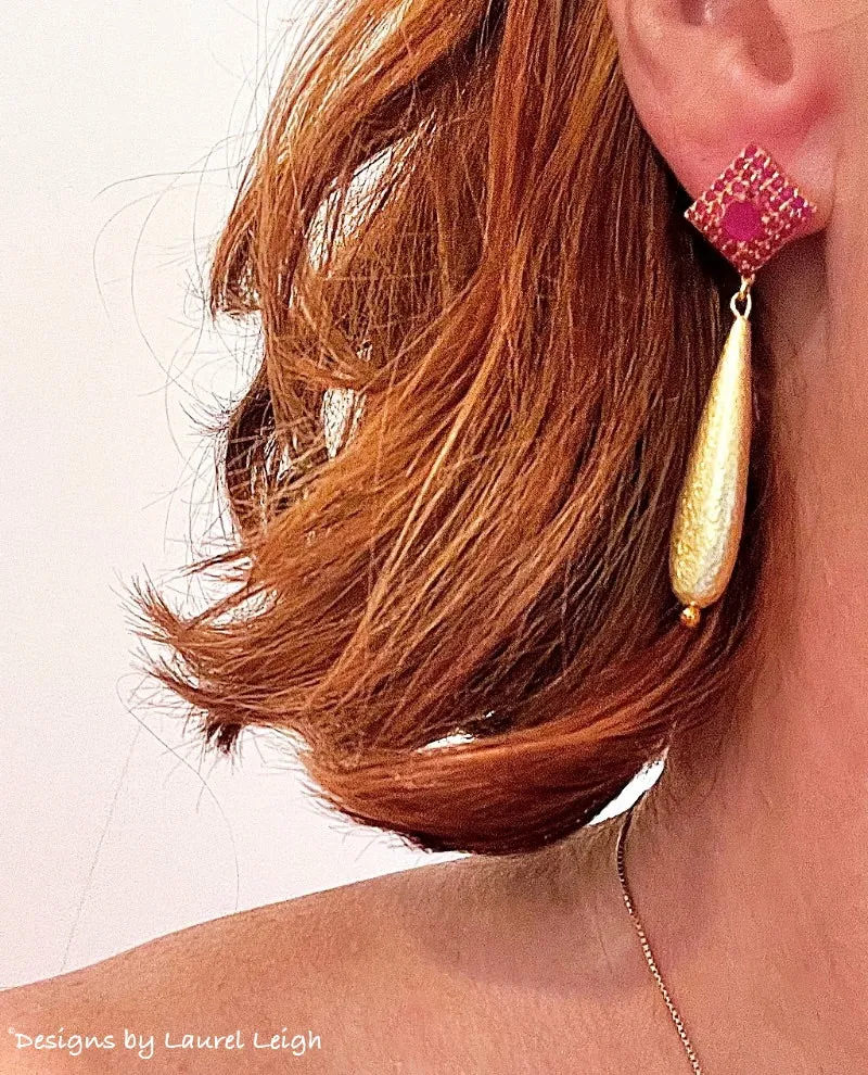 Pink Gemstone Gold Teardrop Earrings