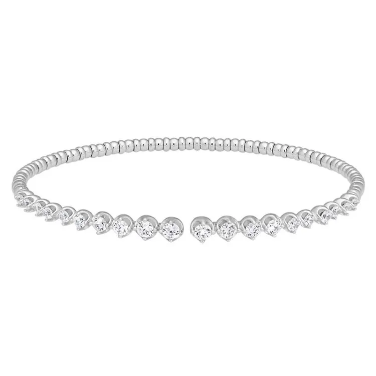 platinum finish sterling silver open top flexible bracelet with graduated simulated diamonds