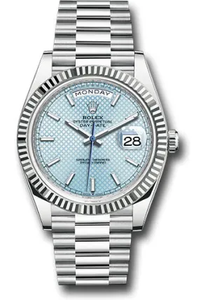 Rolex Platinum Day-Date 40 Watch - Fluted Bezel - Ice Blue Diagonal Motif Index Dial - President Bracelet - 228236 ibdmip