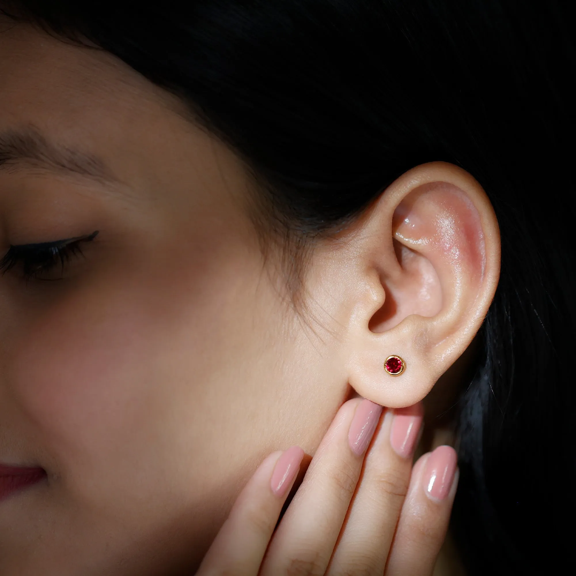 Round Shape lab Grown Ruby Solitaire Stud Earrings in Bezel Setting