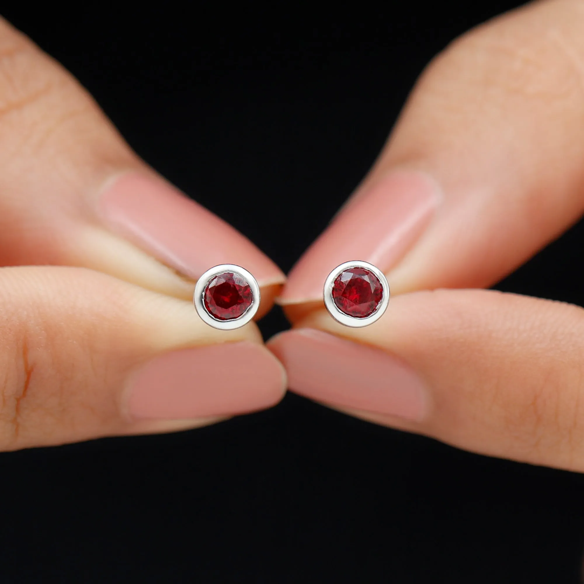 Round Shape lab Grown Ruby Solitaire Stud Earrings in Bezel Setting