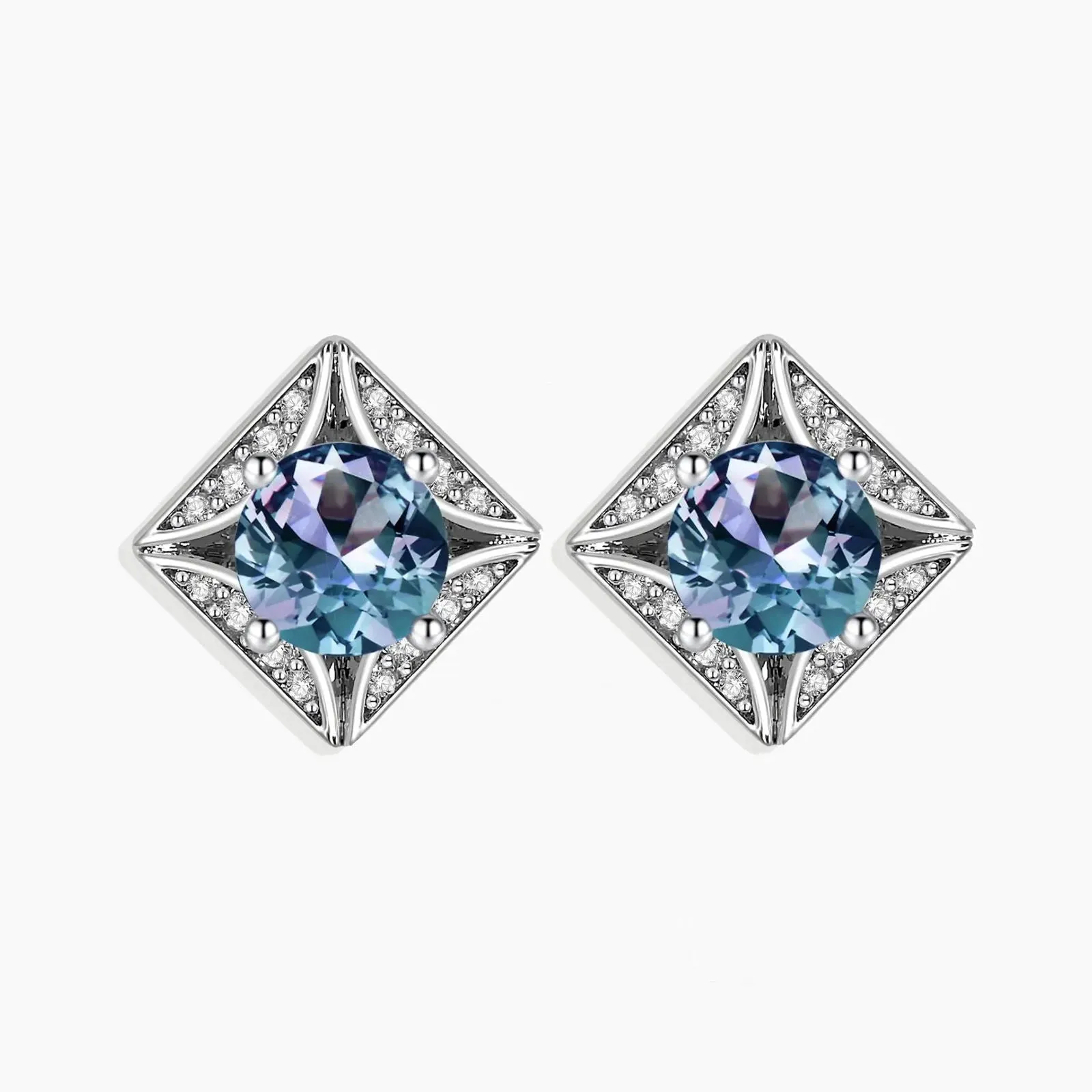 Silver Square Alexandrite Stud Earrings featuring Round Alexandrite and Zirconia Accents - Irosk Australia®