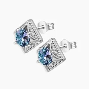 Silver Square Alexandrite Stud Earrings featuring Round Alexandrite and Zirconia Accents - Irosk Australia®