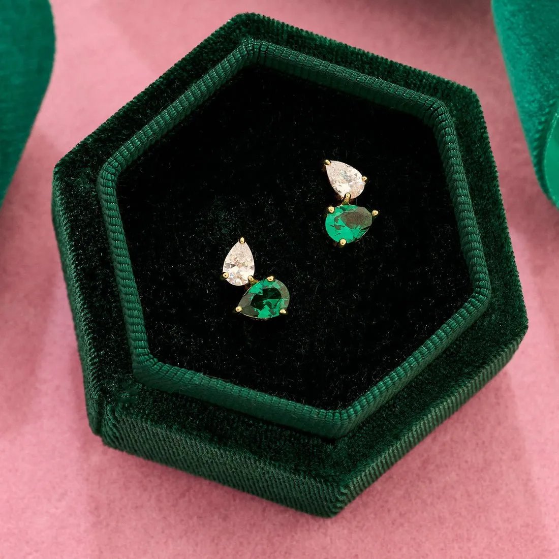 Sofia Teardrop Studs Emerald Green, Clear and Gold