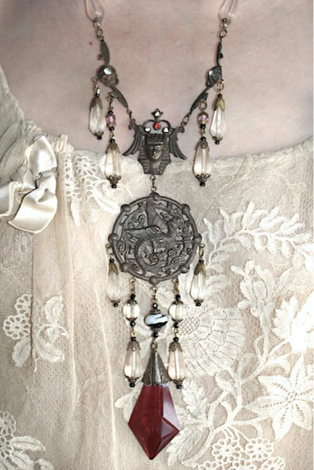 SOLD Stunning AUTHENTIC 20's Egyptian Revival Repousse Dragon RED Czech dangle frosted crystal bead Necklace King Tut Face