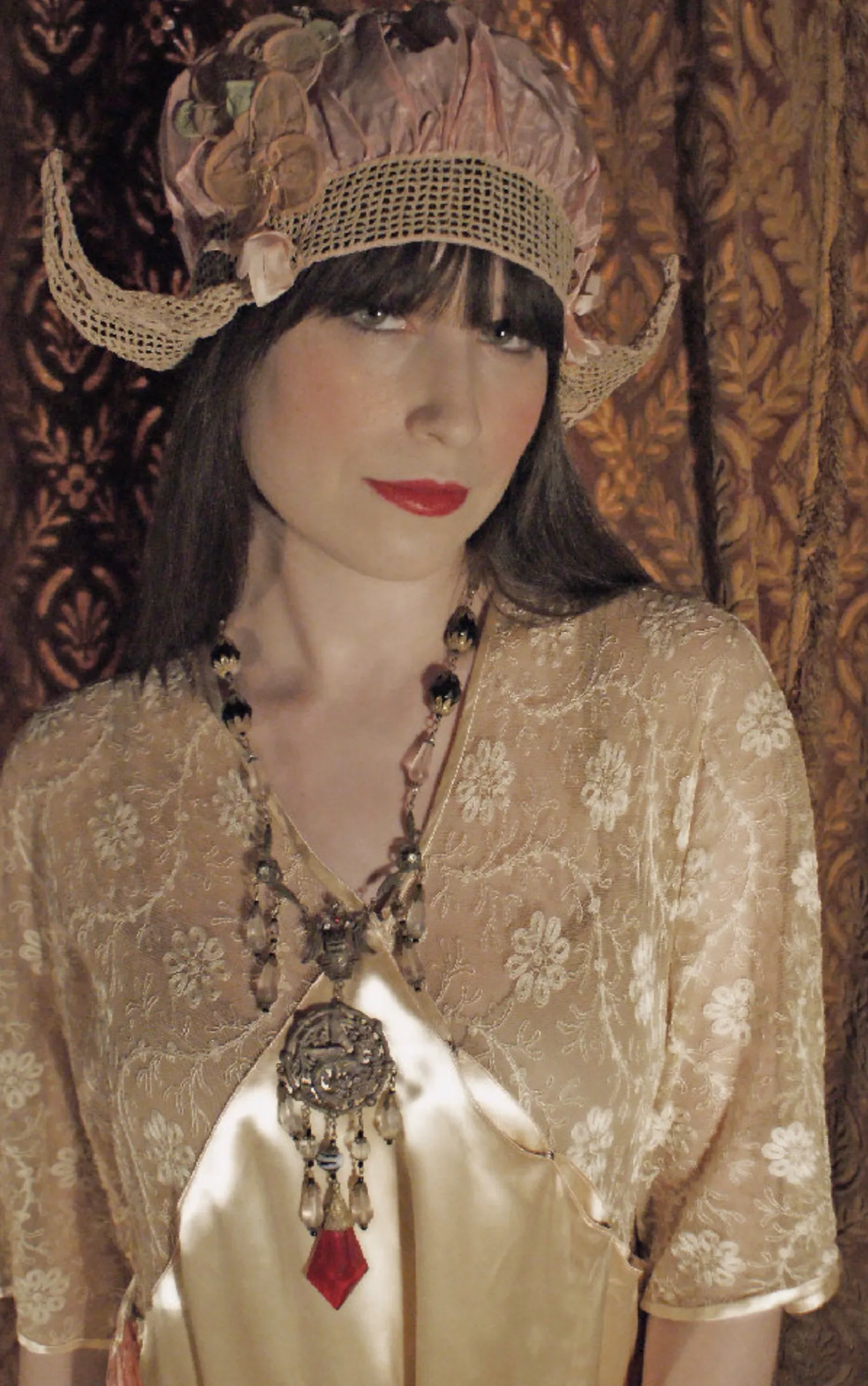 SOLD Stunning AUTHENTIC 20's Egyptian Revival Repousse Dragon RED Czech dangle frosted crystal bead Necklace King Tut Face