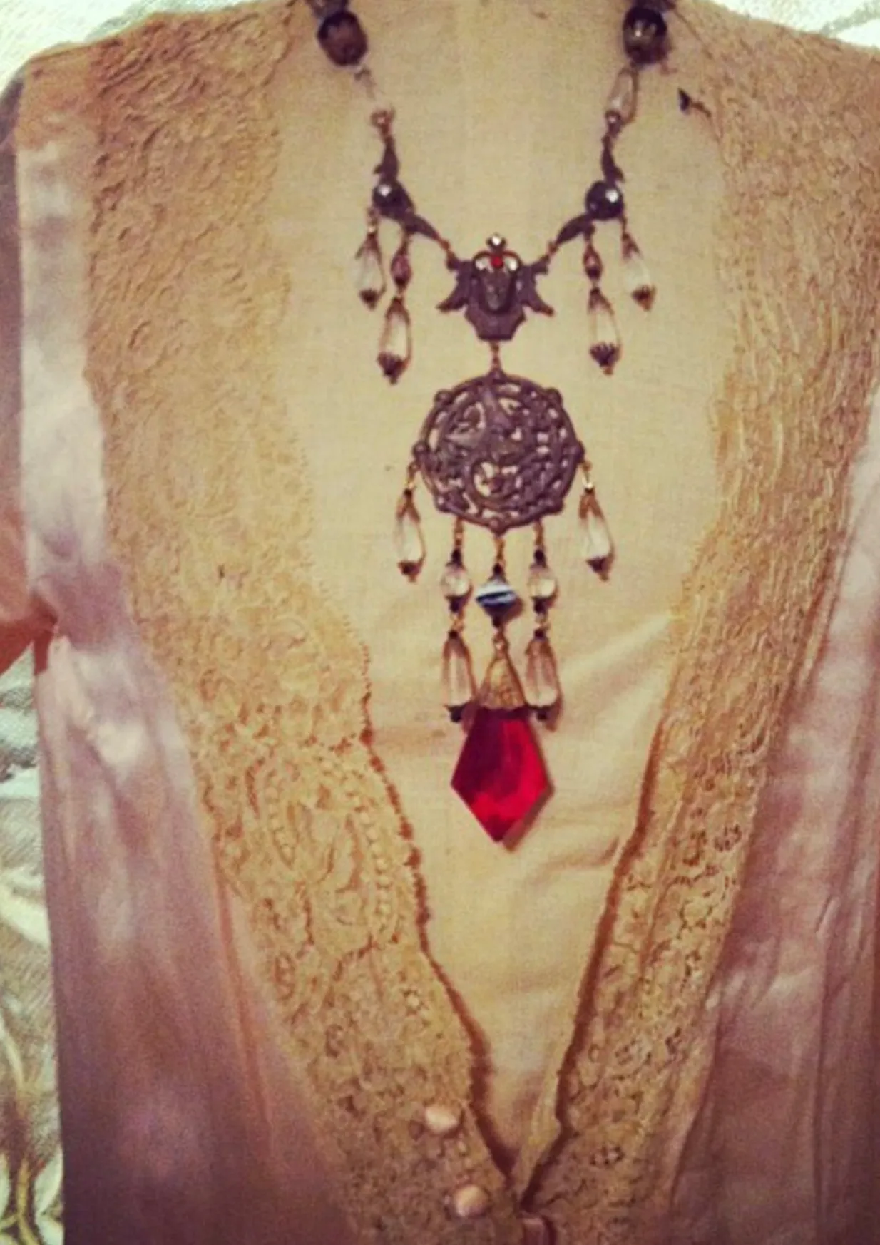 SOLD Stunning AUTHENTIC 20's Egyptian Revival Repousse Dragon RED Czech dangle frosted crystal bead Necklace King Tut Face
