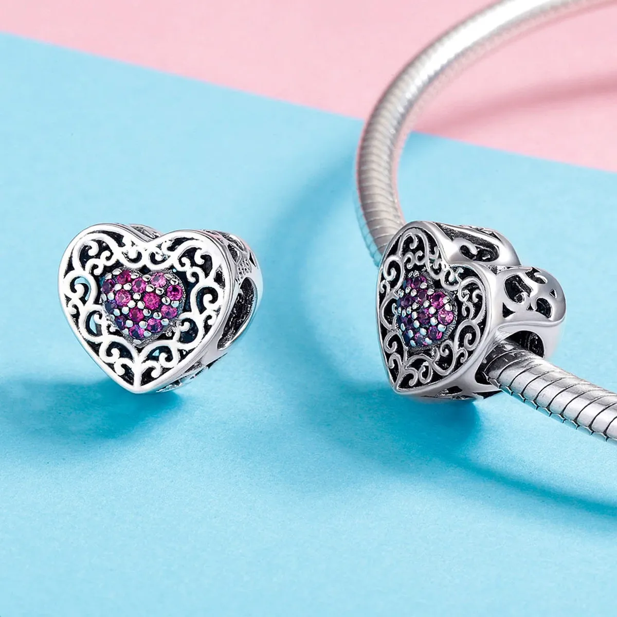 Sparkling Radiant Filigree Heart Charm 925 Sterling Silver
